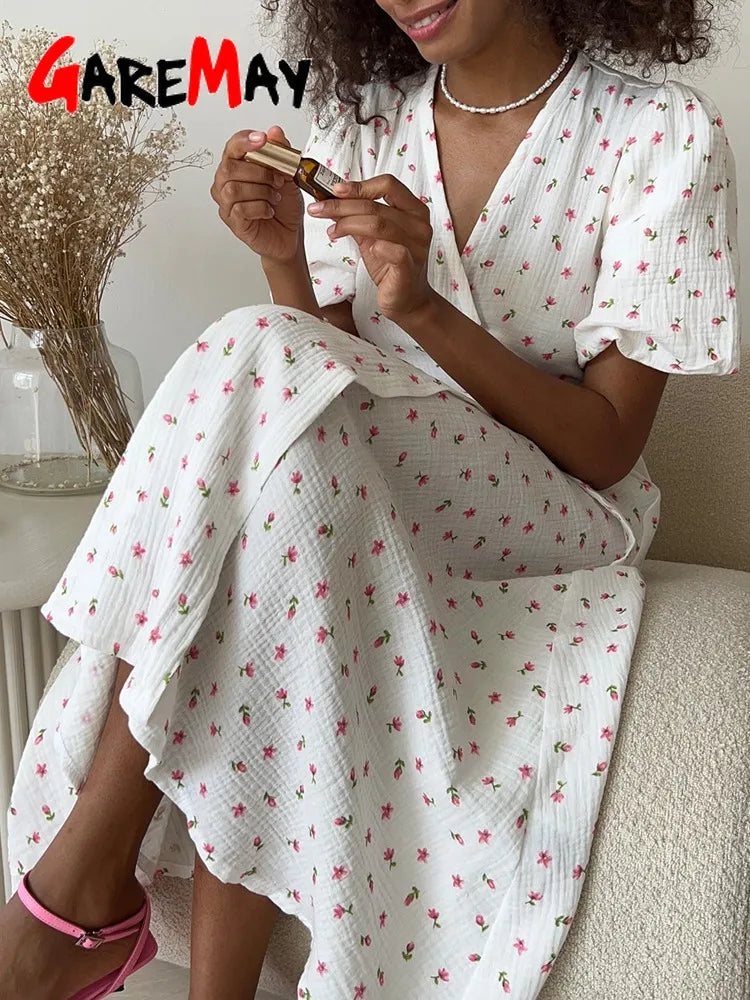 Casual Women's Summer Dresses 100% Cotton Floral Print A-line Midi Dress with Side Slits Long Elegant White Dress for Women 2025 - 3KDyn